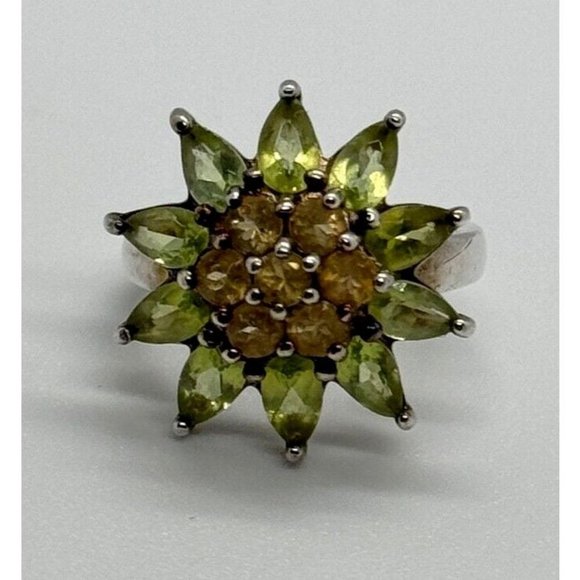 925 STERLING SILVER PERIDOT & CITRINE FLOWER RING SIZE 4.5